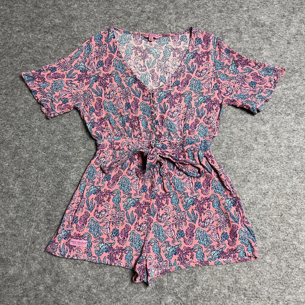 Simply Southern Collection Romper Womens L Pink Paisley Crepe V-Neck Button Tie